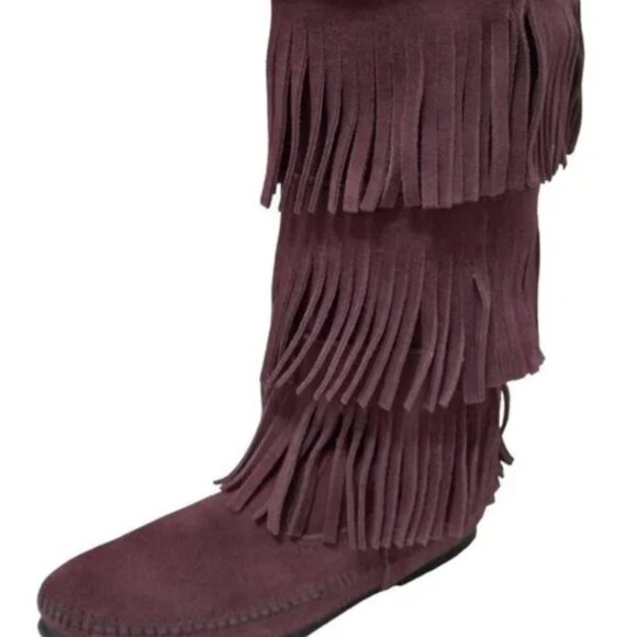 Minnetonka Suede 3-Layer Fringe Moccasin Boot Burgundy 7 - Picture 2 of 4